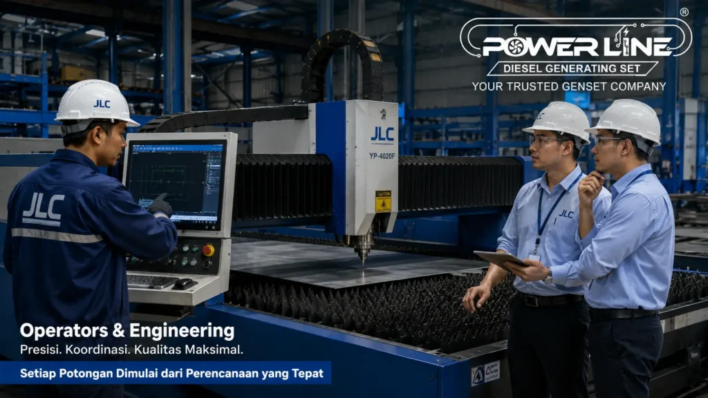 Koordinasi tim engineering dan operator CNC Fiber Laser untuk jasa potong plat furniture OEM
