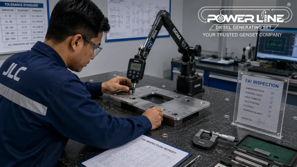 Proses First Article Inspection (FAI) mengukur hole position komponen plat furnitur