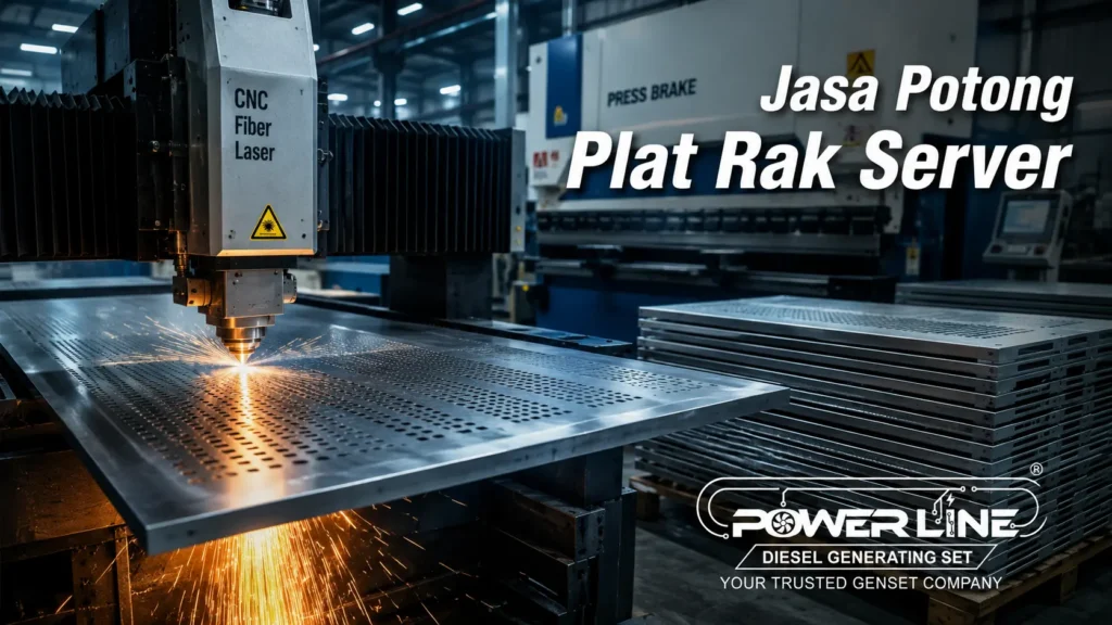 Jasa potong plat rak server presisi menggunakan mesin CNC Fiber Laser untuk memproduksi panel pintu berlubang (perforated doors) data center secara massal dan konsisten